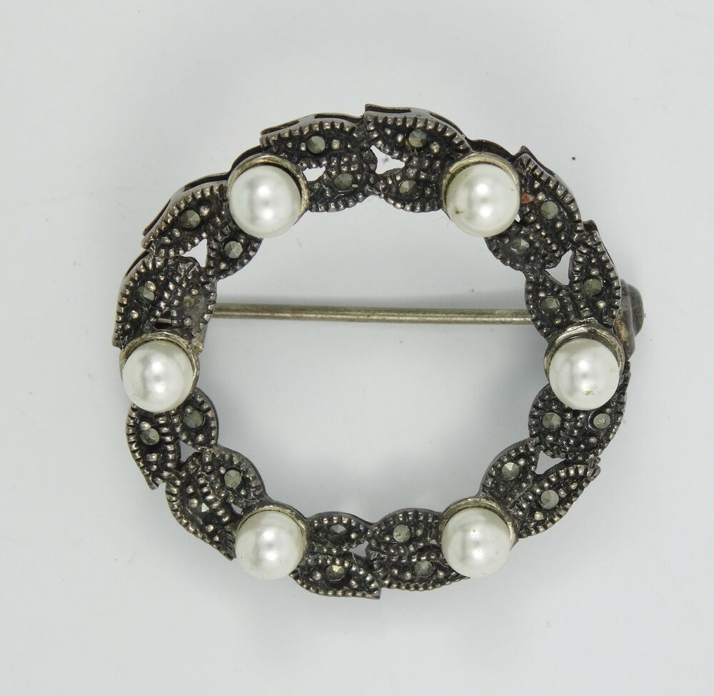 Brooches Style
 VINTAGE EDWARDIAN STYLE SIGNED STERLING w MARCASITE