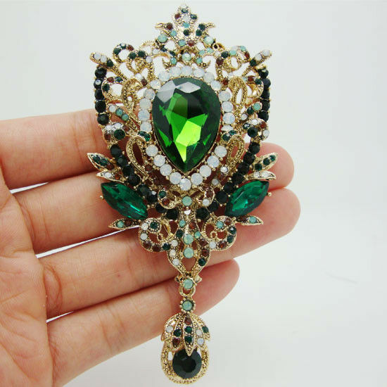Brooches Style
 Fashion Jewelry Crown Flower Drop Green Crystal Rhinestone