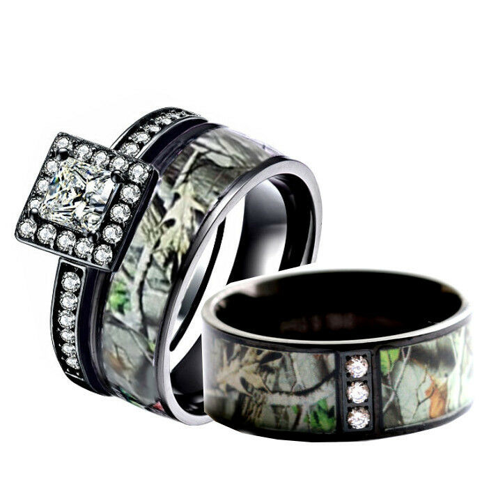 Camo Wedding Ring Sets For Him And Her
 His & Her Black Sterling Silver Titanium Camo Stainless