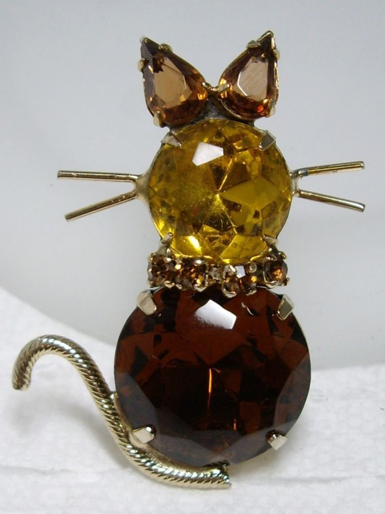 Cat Pins
 Vintage Citrine & Topaz Crystal Glass & Rhinestone Kitty