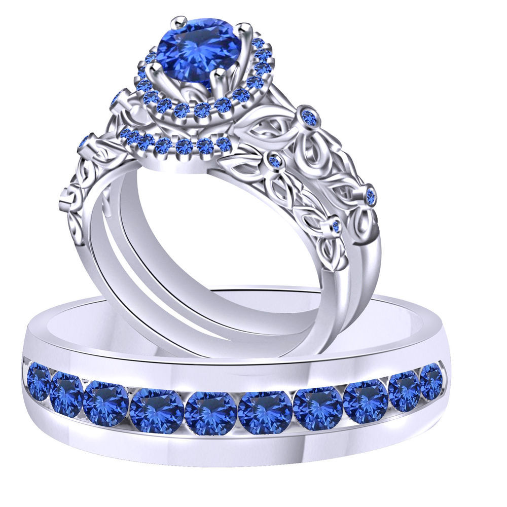 Diamond And Sapphire Wedding Ring Sets
 Blue Sapphire Trio Wedding Ring Band Set Solid 18K White