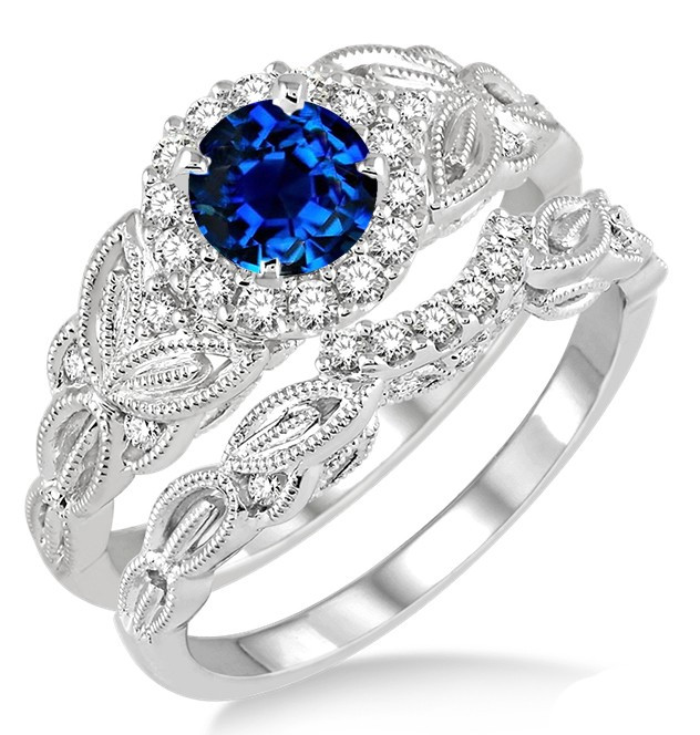 Diamond And Sapphire Wedding Ring Sets
 1 25 Carat Sapphire and Diamond Vintage floral Bridal Set