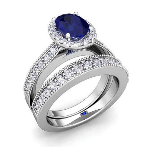 Diamond And Sapphire Wedding Ring Sets
 Milgrain Diamond Sapphire Engagement Ring Bridal Set