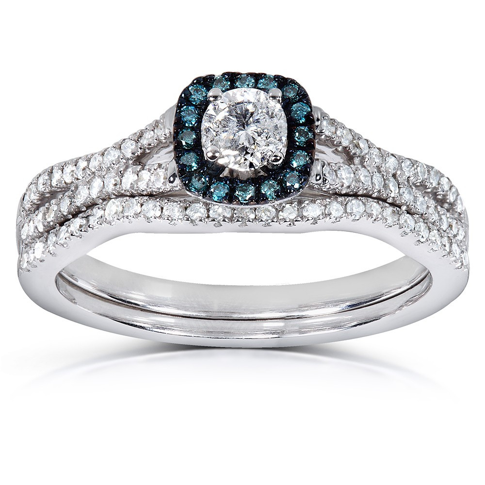Diamond And Sapphire Wedding Ring Sets
 1 Carat Unique Round Diamond and Sapphire Bridal Ring Set