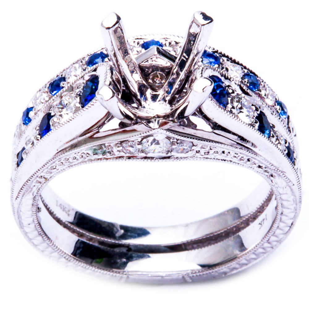 Diamond And Sapphire Wedding Ring Sets
 72ct Blue Sapphire & Round Diamond Semi Mount Engagement