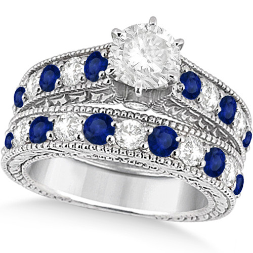 Diamond And Sapphire Wedding Ring Sets
 Antique Diamond & Blue Sapphire Bridal Ring Set Platinum 3