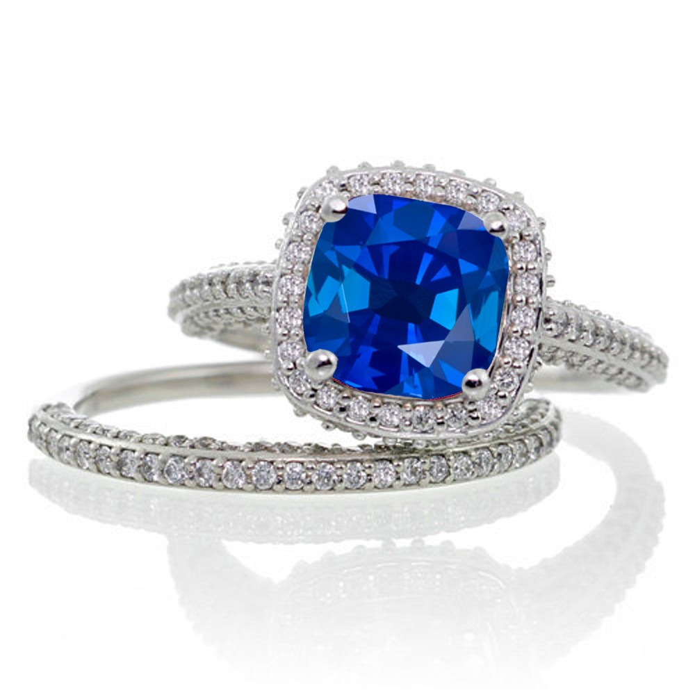 Diamond And Sapphire Wedding Ring Sets
 JeenJewels 2 5 Carat Cushion Cut Designer Sapphire and