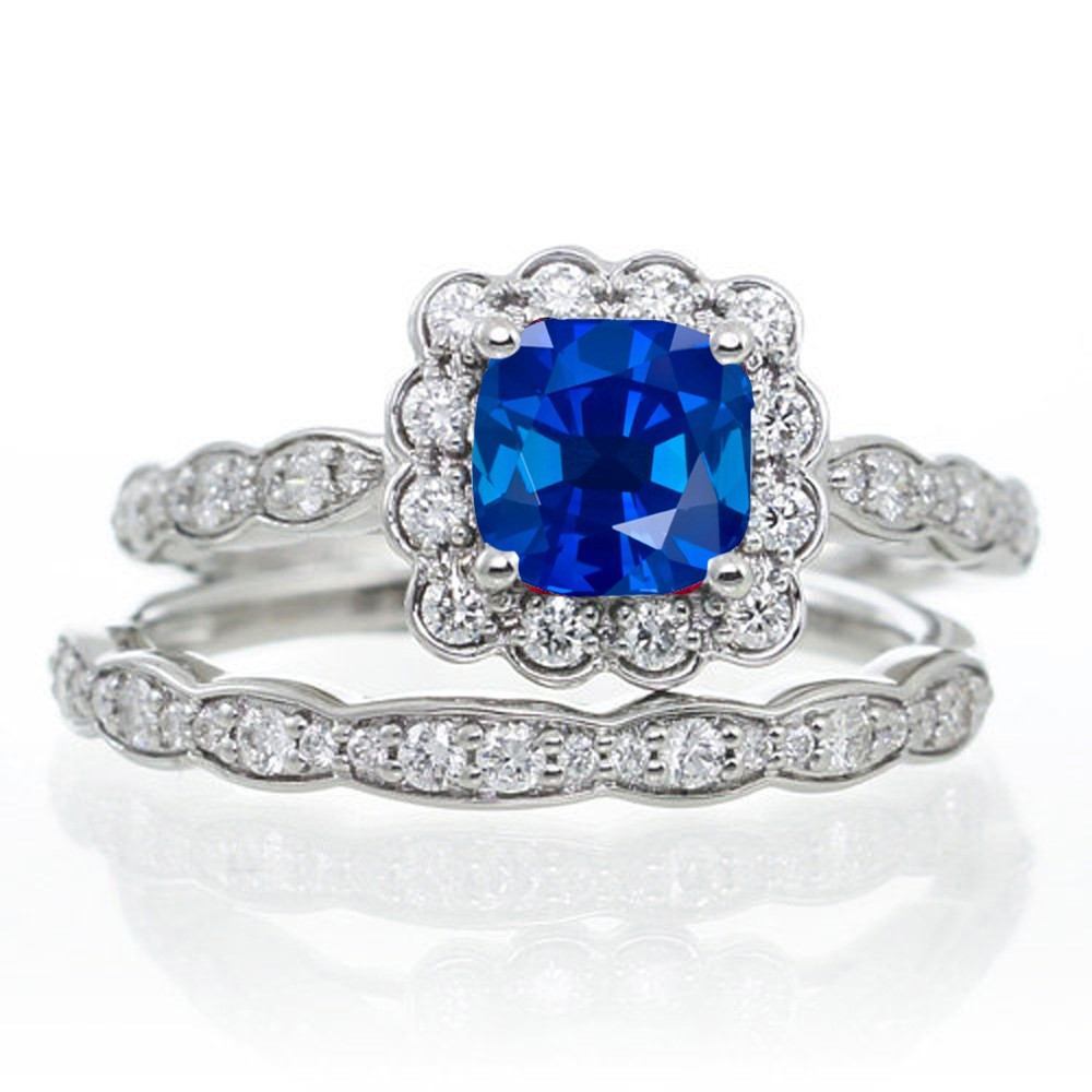 Diamond And Sapphire Wedding Ring Sets
 2 Carat Princess Cut Sapphire and Diamond Wedding Ring set