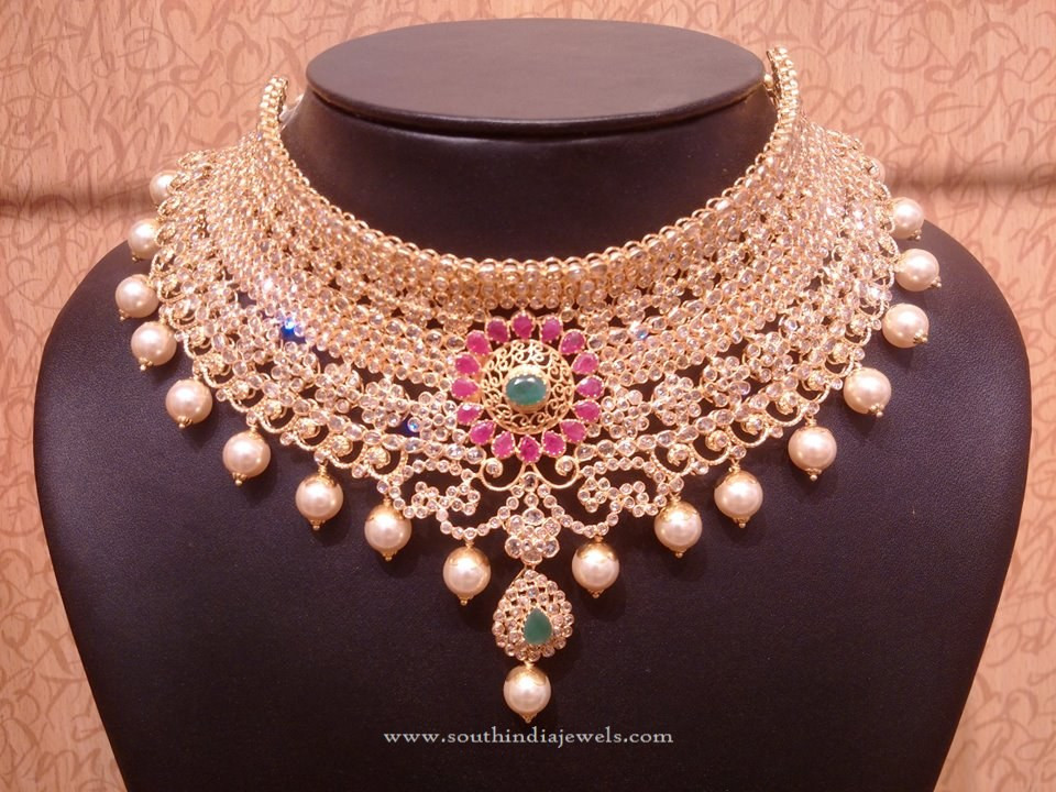 Diamond Choker Necklace Indian
 Gold Uncut Diamond Bridal Choker Necklace South India Jewels
