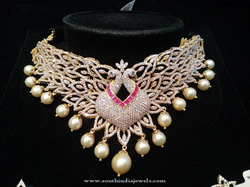 Diamond Choker Necklace Indian
 Designer Peacock Diamond Choker Necklace South India Jewels