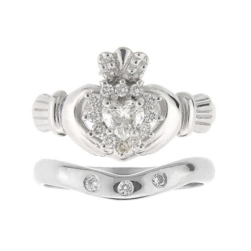 Diamond Claddagh Wedding Ring Sets
 3 Diamond 14kt White Gold Claddagh Wedding Set
