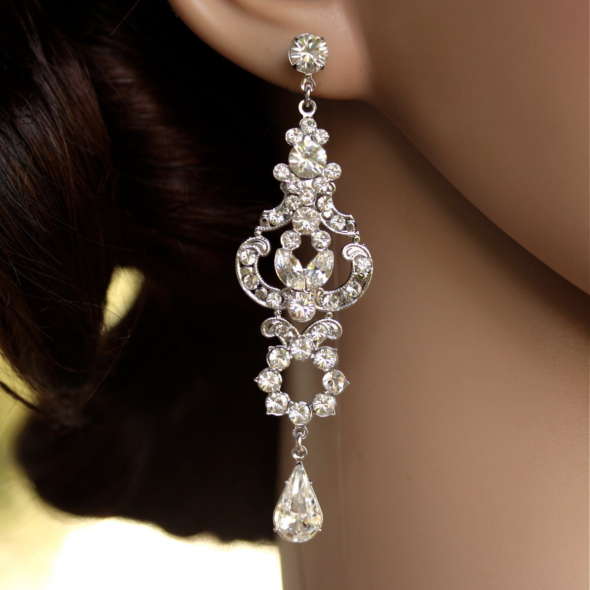 Earring Wedding
 Rhinestone Chandelier Earrings Long Bridal Earrings Art Deco