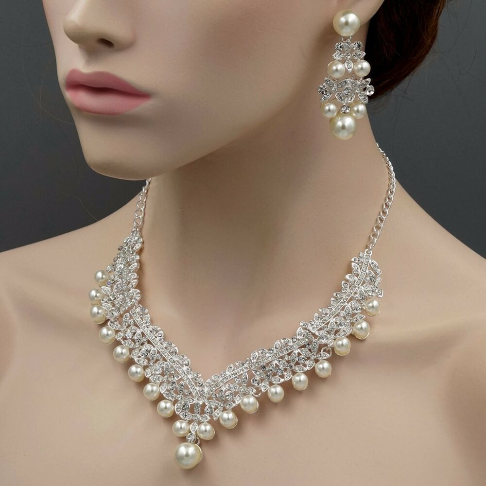 Earrings And Necklace Set
 Silver Plated Pearl Crystal Necklace Earrings Bridal