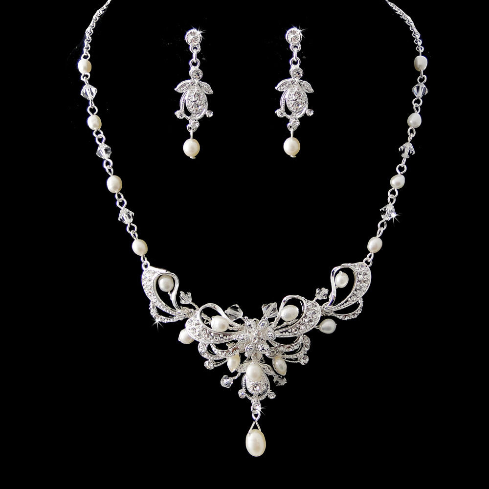 Earrings And Necklace Set
 Silver Austrian Crystal & Freshwater Pearl Bridal Necklace