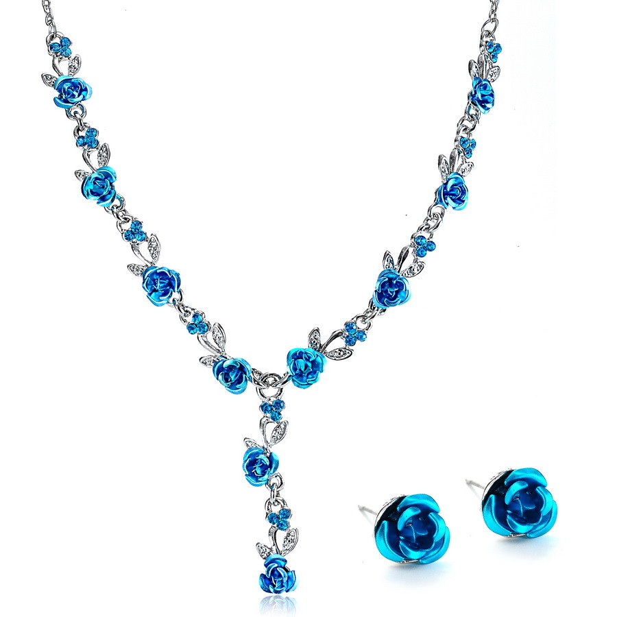 Earrings And Necklace Set
 Women Rose Flower Wedding Bridal Bride Jewelry Crystal