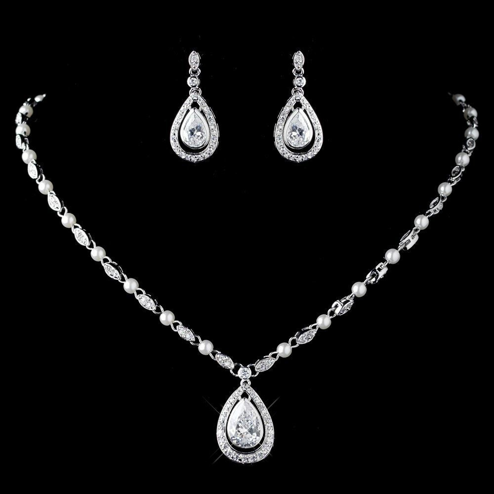 Earrings And Necklace Set
 Wedding Bridal CZ Crystal & Diamond White Pearl Necklace