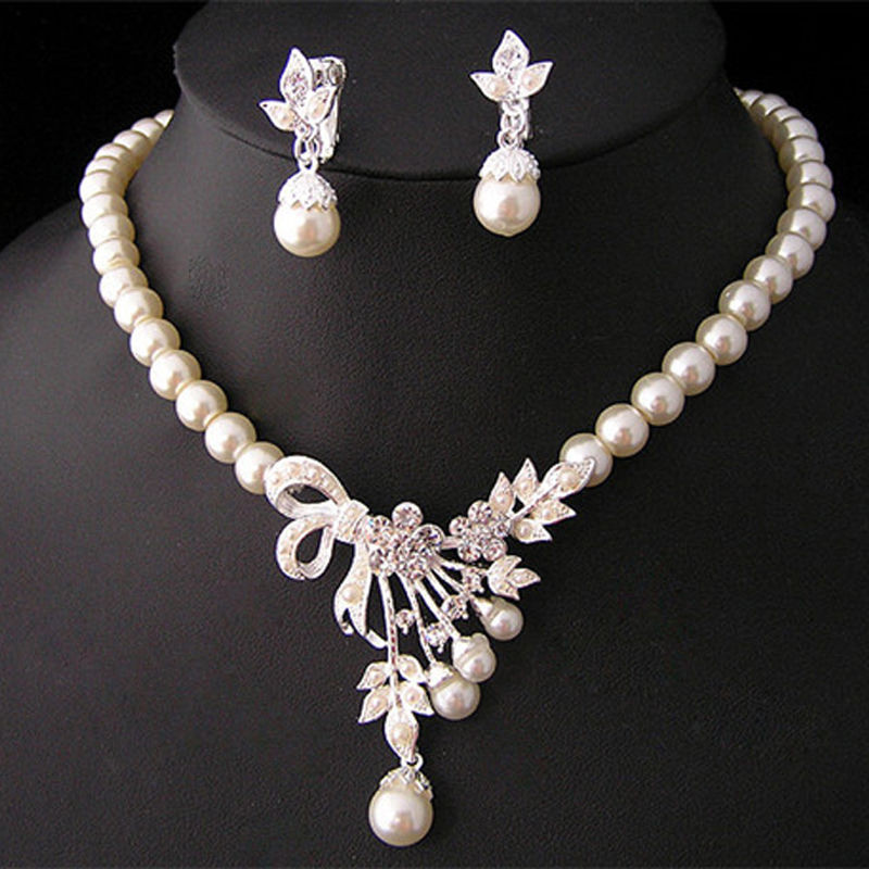 Earrings And Necklace Set
 Crystal Pearl Silver Plated Necklace&Earrings Wedding