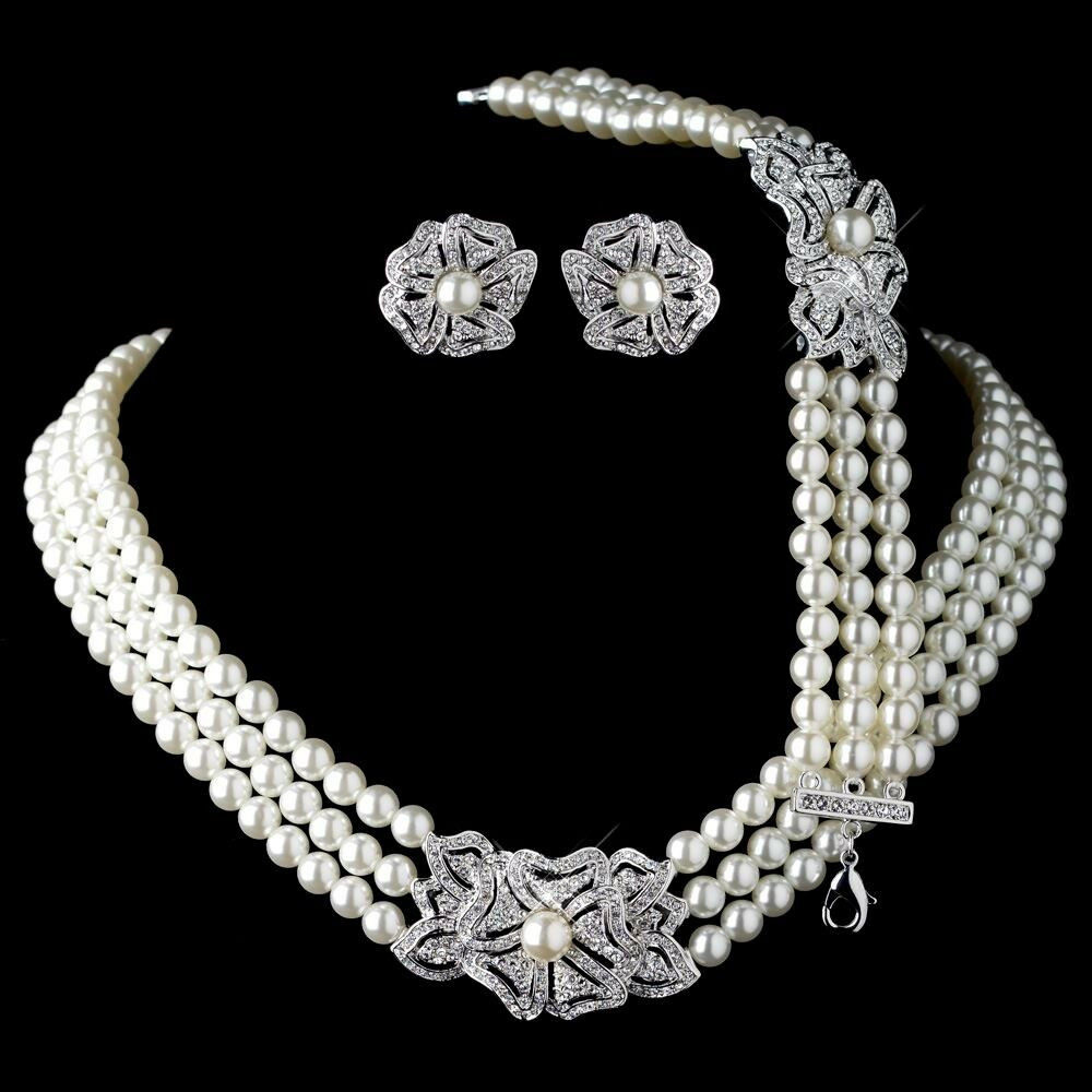 Earrings And Necklace Set
 Rhodium Ivory Pearl & Rhinestone Necklace Bracelet Vintage