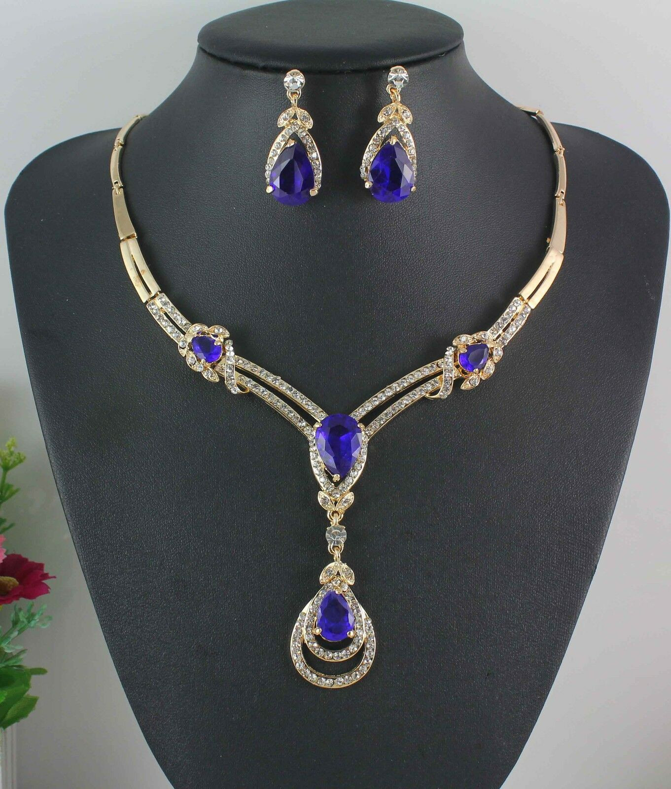 Earrings And Necklace Set
 YELLOW WHITE GOLD PLATED BLUE SAPPHIRE TOPAZ NECKLACE
