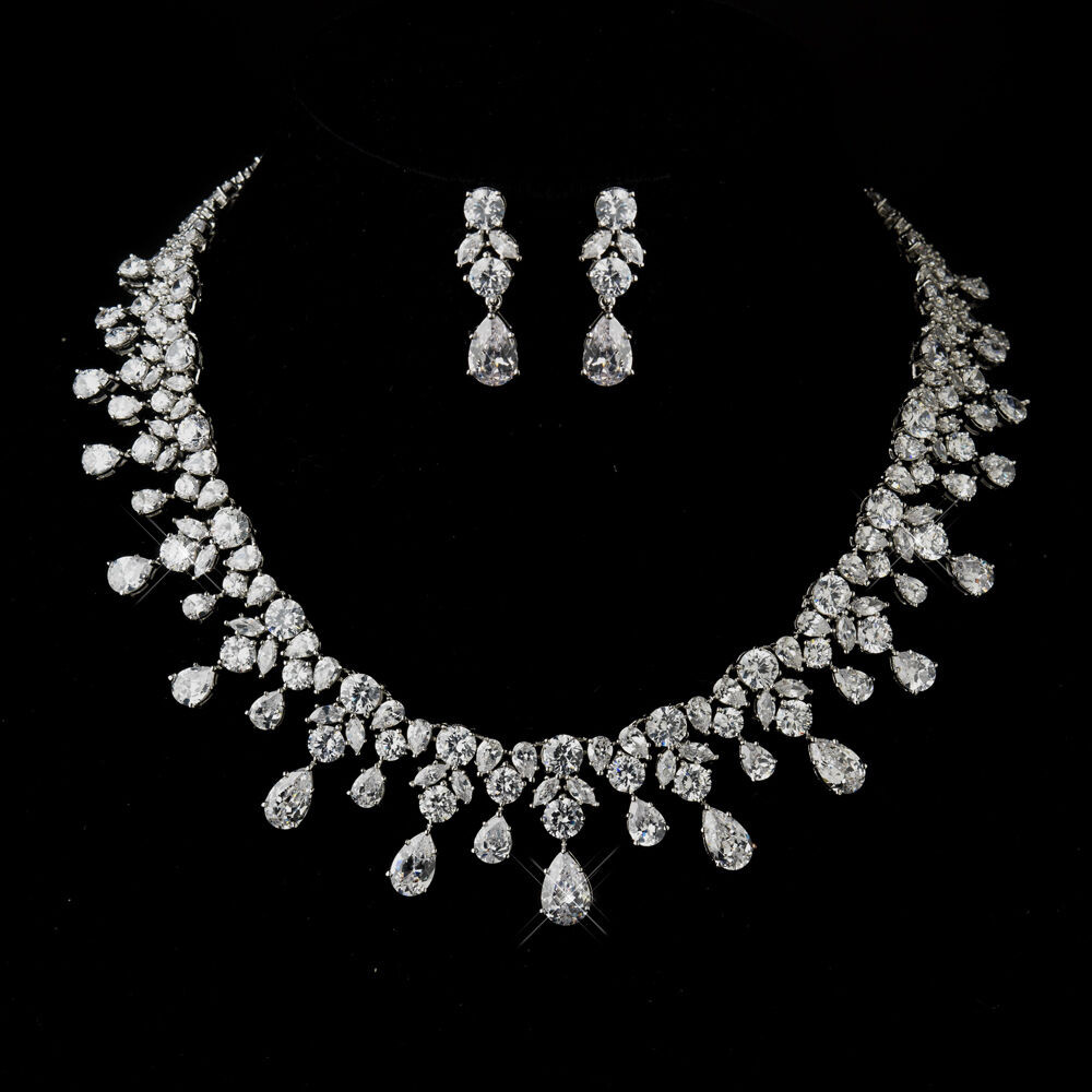 Earrings And Necklace Set
 Antique Silver Clear CZ Crystal Necklace & Earrings Prom