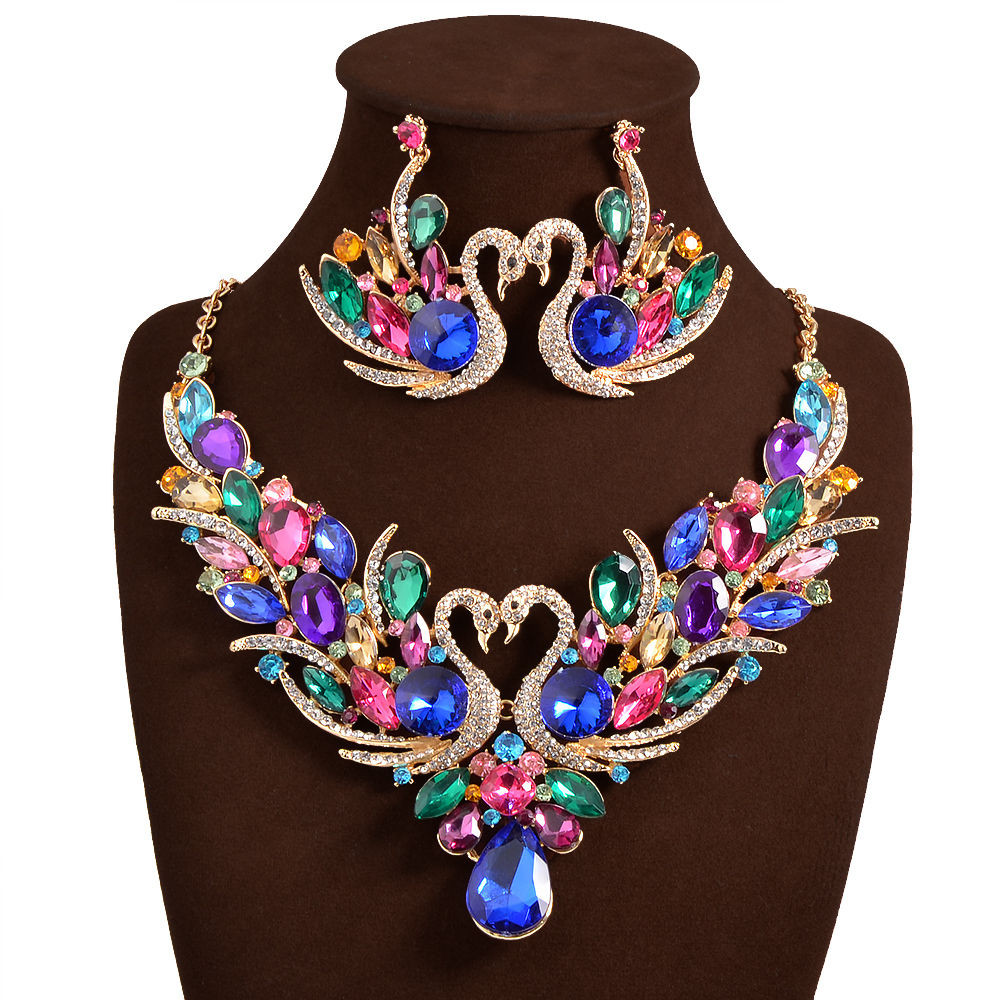 Earrings And Necklace Set
 Fashion Women Multi Color Crystal Swan Pendant Choker