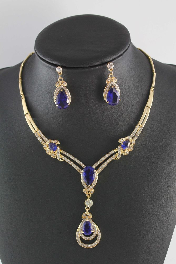 Earrings And Necklace Set
 YELLOW GOLD PLATED BLUE SAPPHIRE TOPAZ CRYSTAL NECKLACE