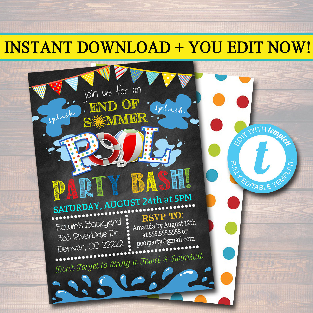 End Of Summer Party Invites
 EDITABLE End of Summer Pool Party Invitation Printable