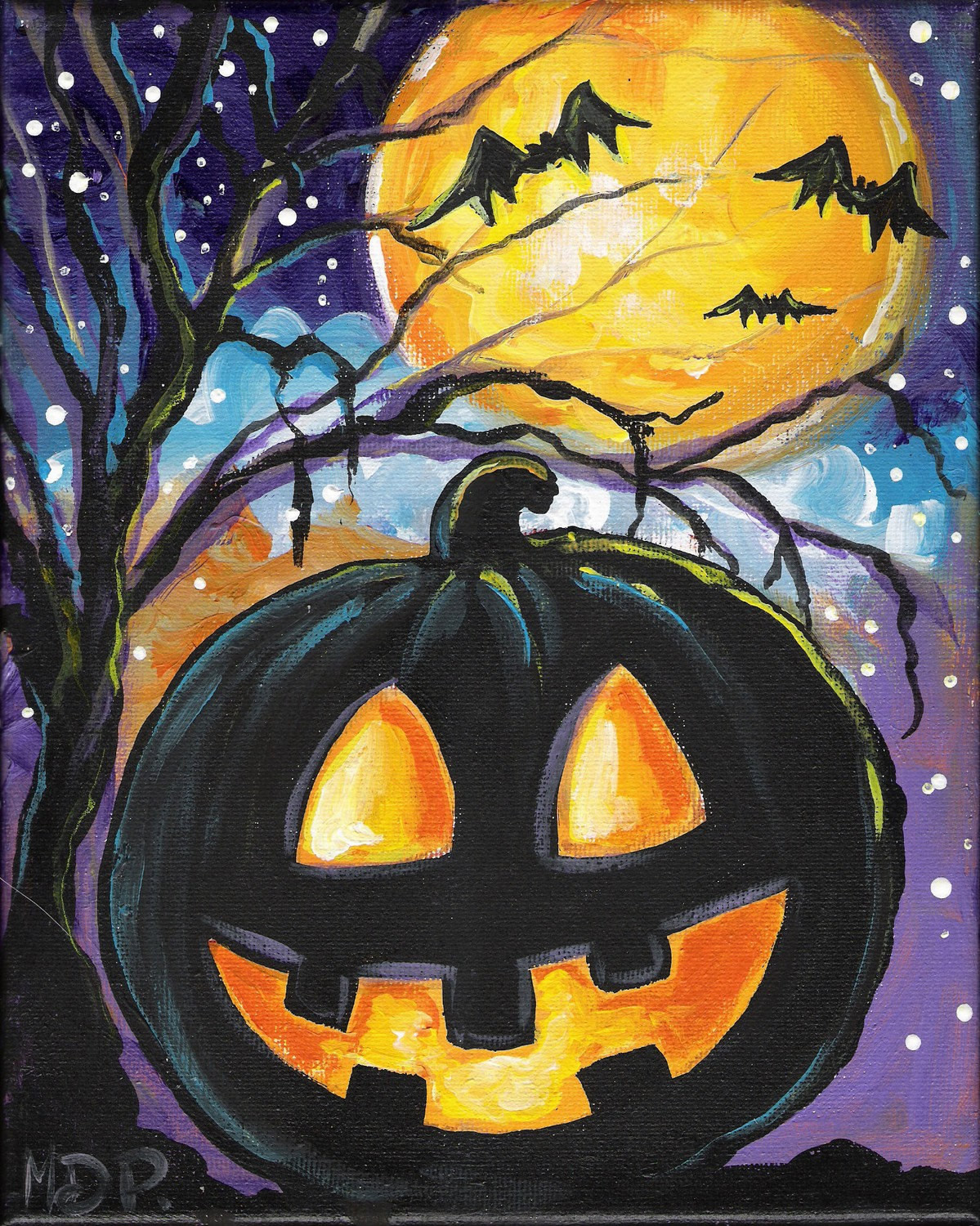 Fall Paint Night Ideas
 2 Halloween Vintage Style Pumpkin & Spider Original Paintings