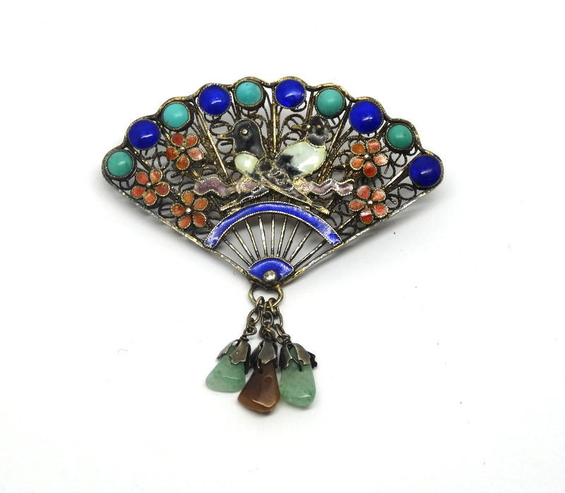 Fandom Pins
 Antique Chinese Jade Gold Gilt Silver Filigree Fan Enamel