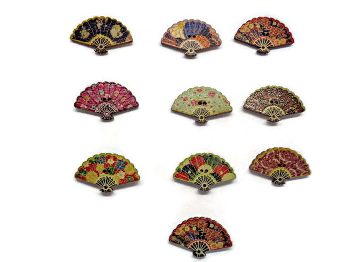 Fandom Pins
 6 Fan shaped buttons oriental buttons multi colour fans
