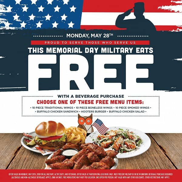 Free Food For Veterans On Memorial Day
 Military Eats Free at Hooters this Memorial Day