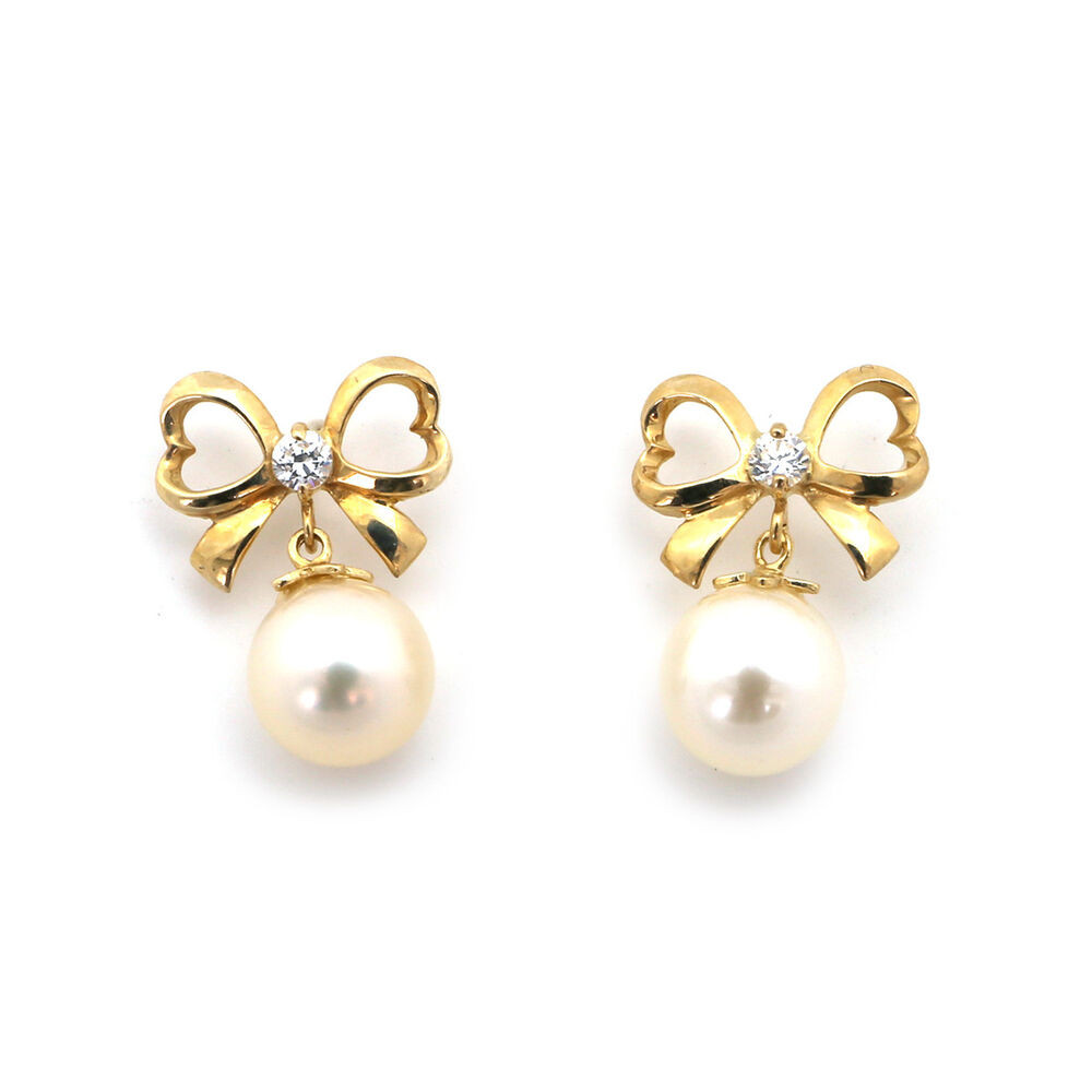Gold Bow Earrings
 14k Rose Gold Freshwater Cultured Pearl CZ Bow Screwback