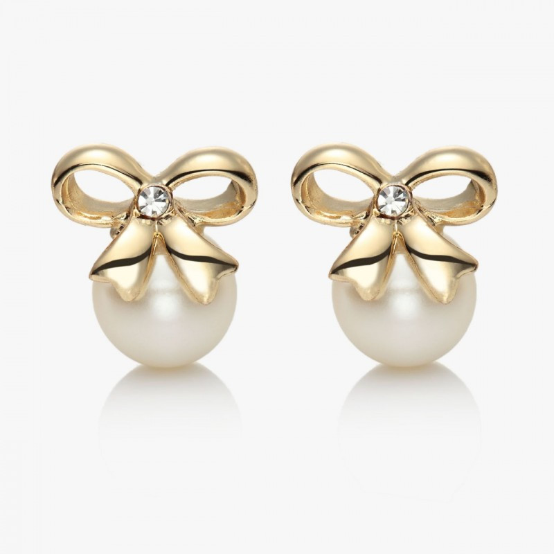 Gold Bow Earrings
 Pearl Bow Earrings 14k Gold Rhinestone Beads Pearl Bowknot