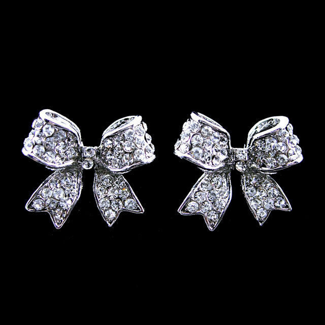 Gold Bow Earrings
 Twinkling White Bow Studs Austria Crystal 18K White Gold