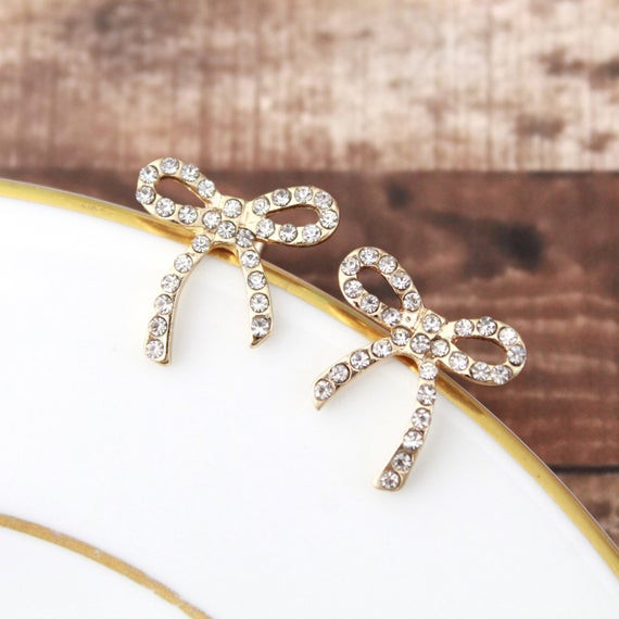 Gold Bow Earrings
 Tiny Rhinestone Bow Studs Earrings Gold Bow Earrings by