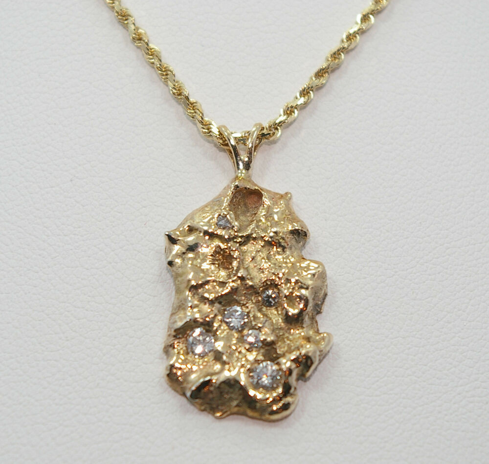 Gold Nugget Necklace
 Vintage 10 Grams 14K Yellow Gold Diamond Nug Pendant