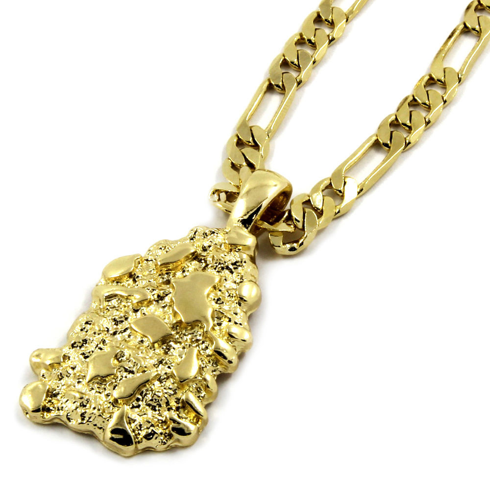 Gold Nugget Necklace
 Mens 14K Gold Plated Nug Pendant Hip Hop 5mm 24" Figaro