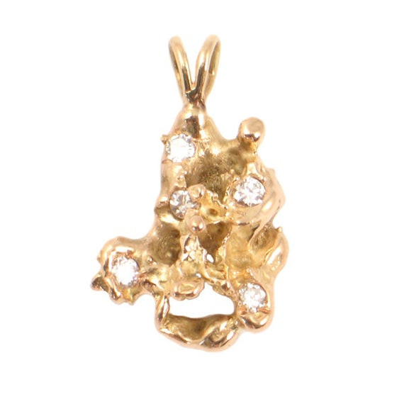 Gold Nugget Necklace
 Diamond & 14K Gold Nug Pendant 5 Nice Diamonds in 14K