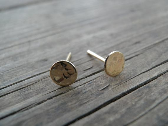 Gold Studs Earrings
 5mm Gold Stud Earrings 14k Solid Gold Simple Hammered Flat