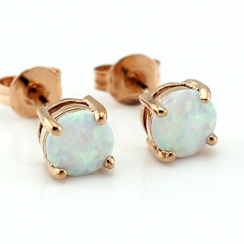 Gold Studs Earrings
 White Fire Opal 6MM Women Jewelry Silver Rose Gold Plated