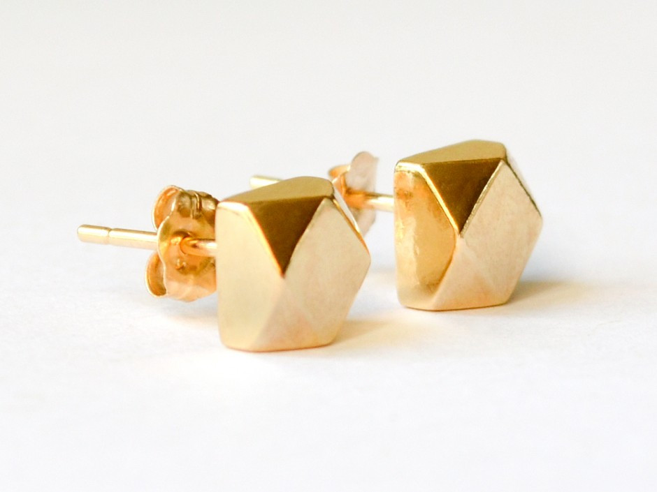 Gold Studs Earrings
 14K Gold Faceted Cube Stud Earrings Hook & Matter