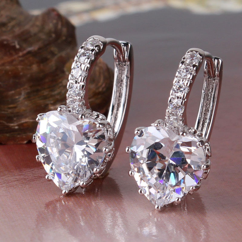 Gold Studs Earrings
 Charismatic White Gold Plated CZ Crystal Heart Leverback
