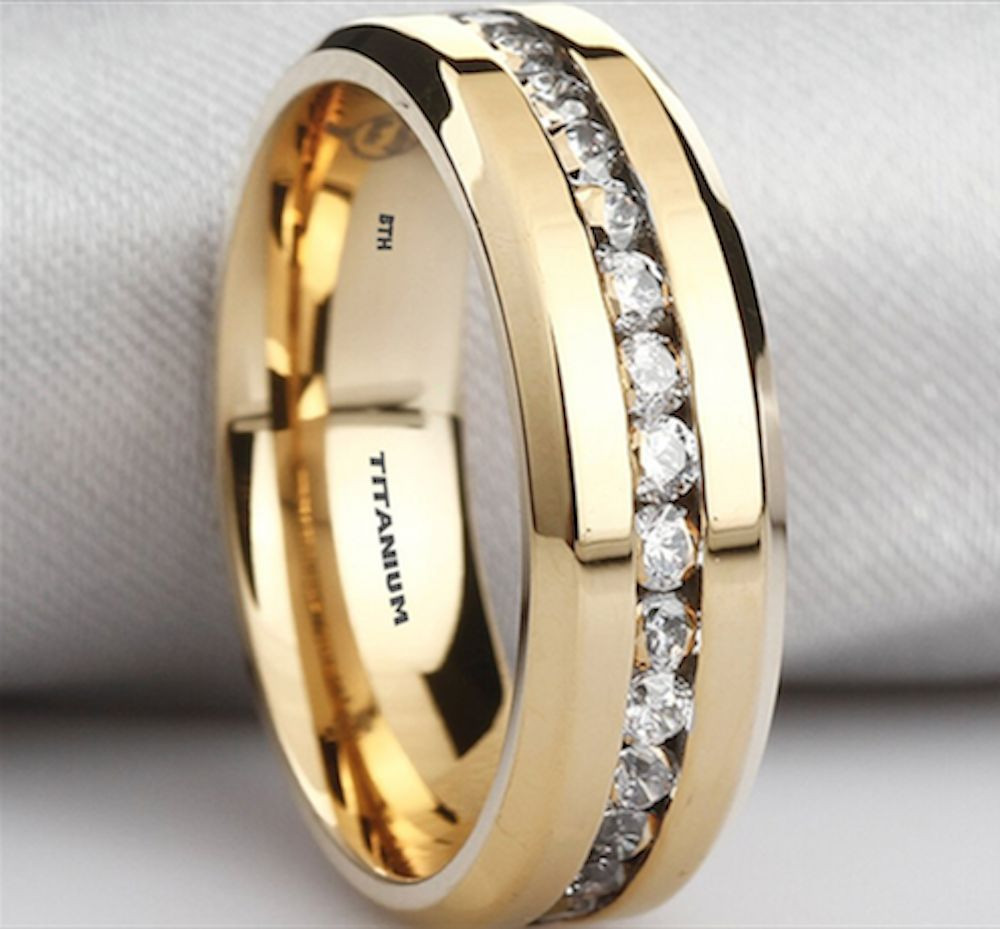 Gold Wedding Rings For Men
 New Boxed Mens Created Diamonds Titanium Gold Gp Wedding