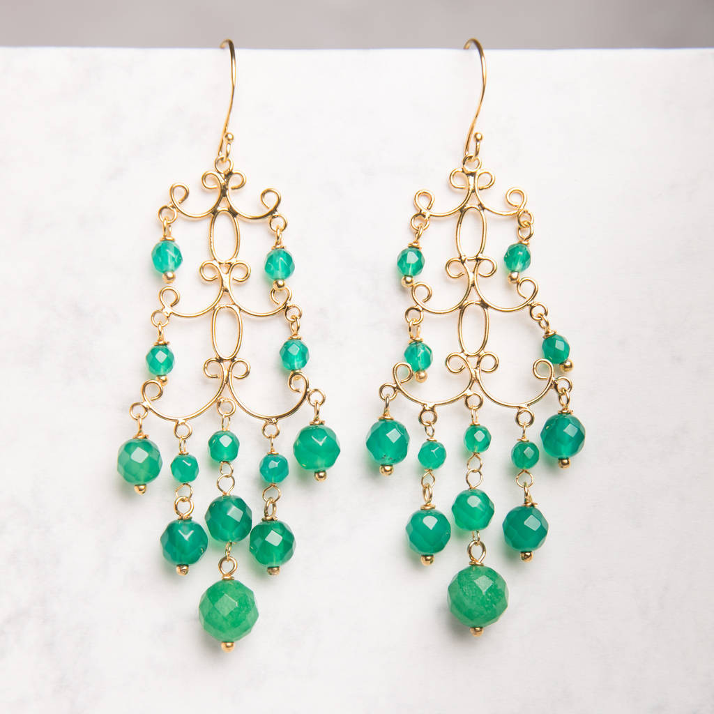 Green Chandelier Earrings
 green adventurine beaded chandelier earrings by rochelle