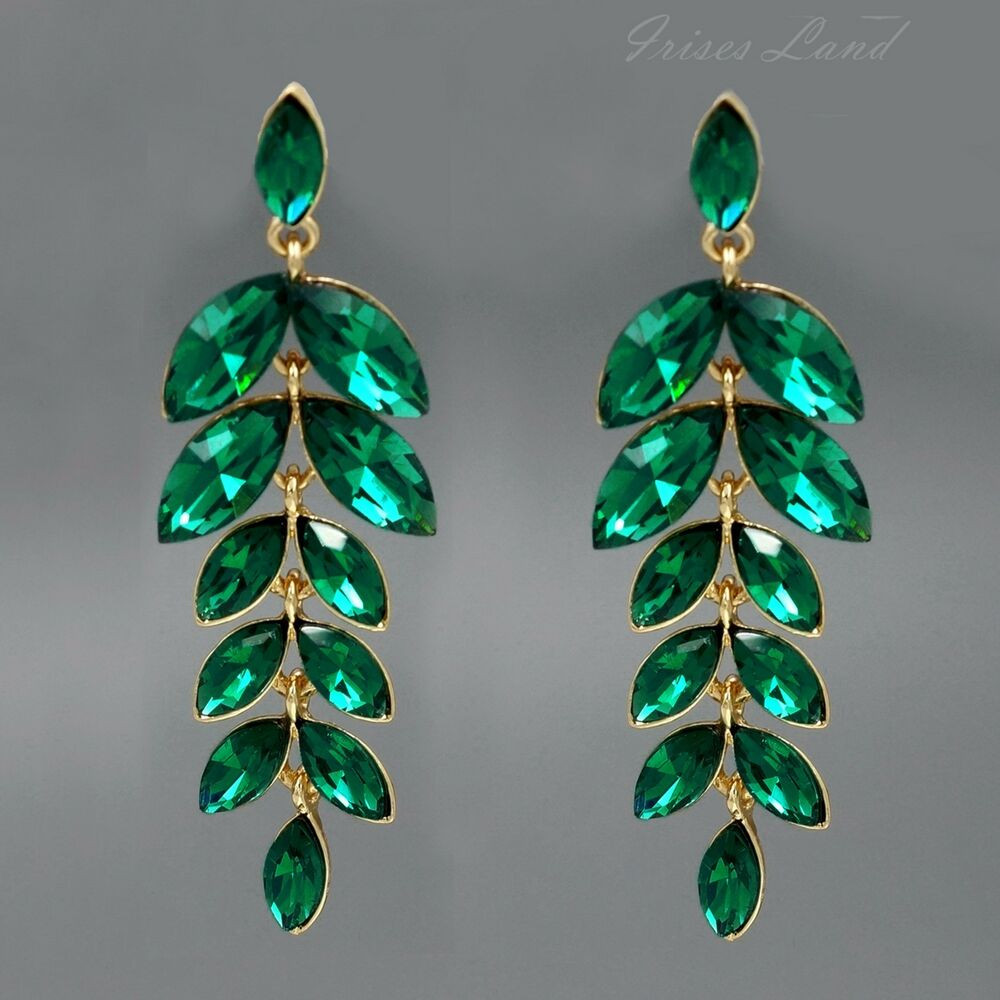 Green Chandelier Earrings
 18K Gold Plated Green Crystal Rhinestone Drop Dangle