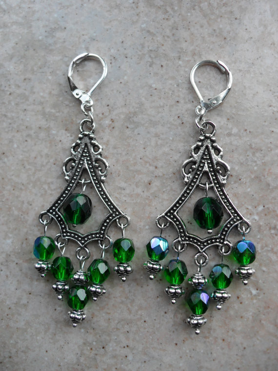 Green Chandelier Earrings
 Emerald Green Chandelier Earrings with aurora borealis finish
