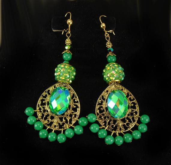 Green Chandelier Earrings
 Enchanting Bohemian emerald green chandelier earrings Gypsy