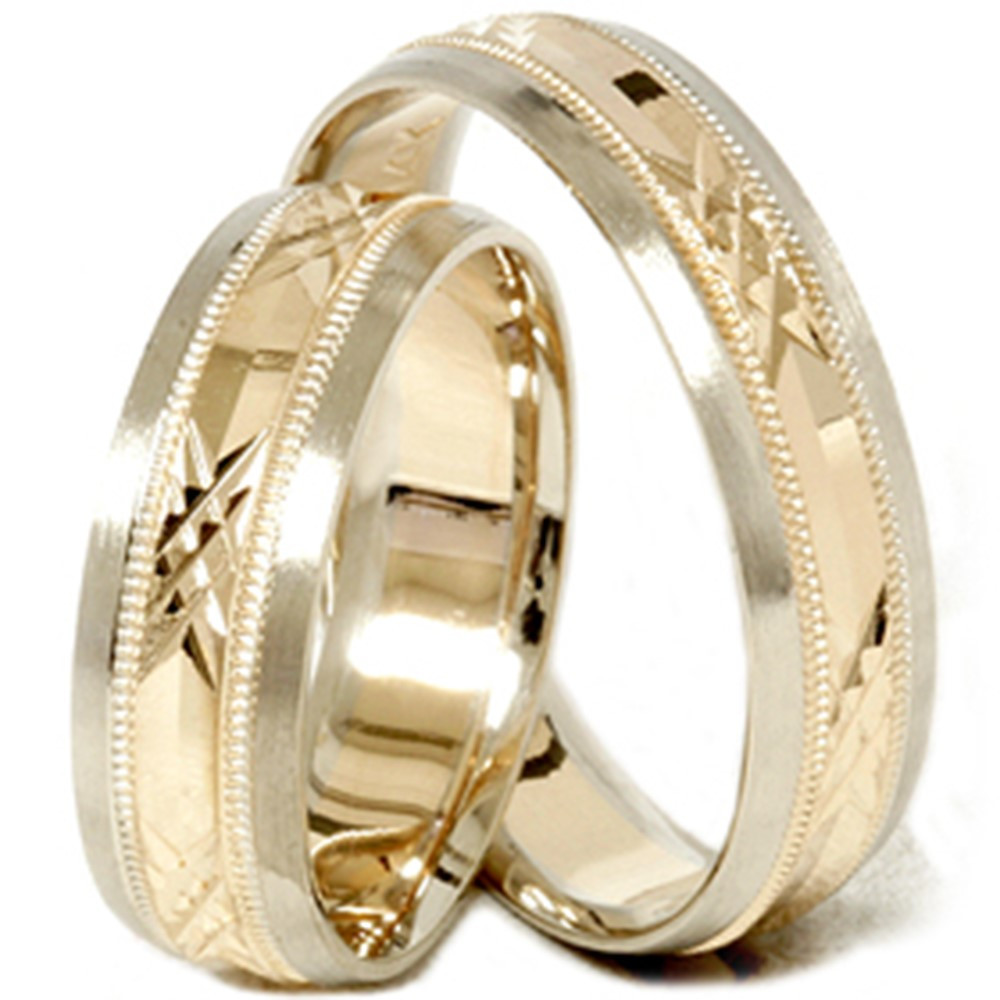 His And Hers Wedding Band Sets
 Gold Matching His Hers Swiss Cut Wedding Band Ring Set