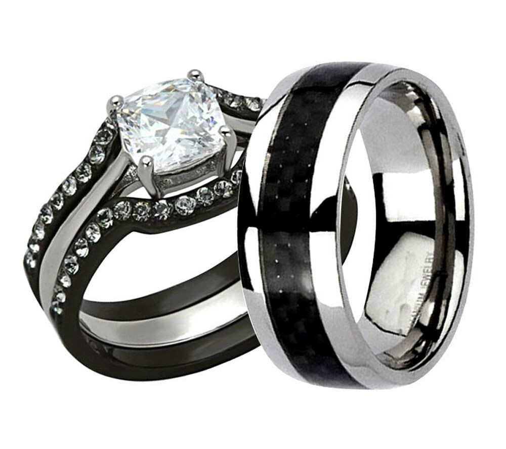 His And Hers Wedding Band Sets
 His Hers 4 Pc Black Stainless Steel Titanium Wedding