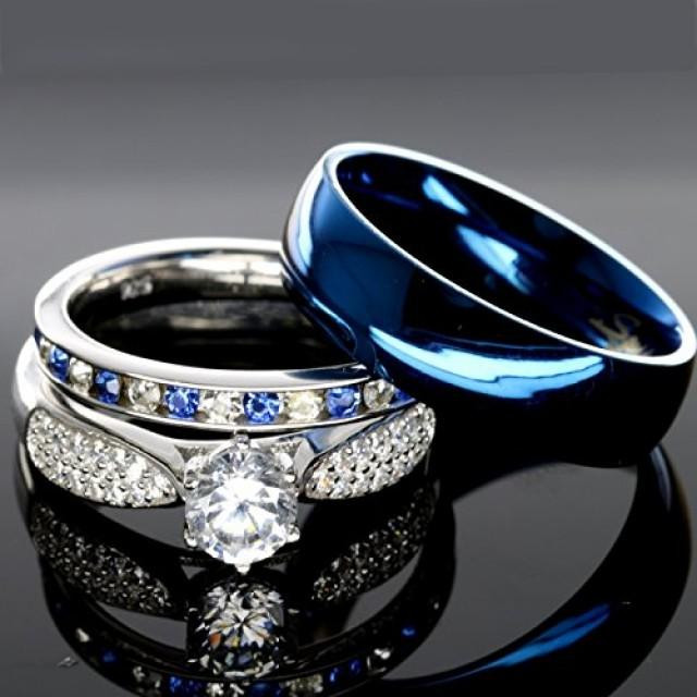 His And Hers Wedding Band Sets
 His And Hers 925 Sterling Silver Blue Sapphire Stainless